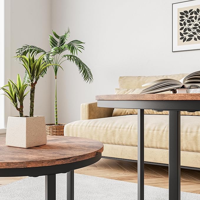 HOJINLINERO Round Coffee Table Set of 2 for Living Room,Black Small Coffee Table Living Room Table,Nesting Tables Metal Frame/Wood,Sturdy/Easy Assembly,Stacking Side Tables Bedroom,Rustic Brown