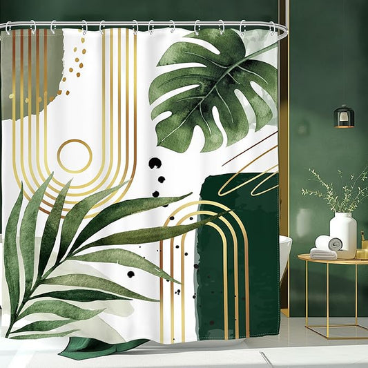 Glawry Green Gold Boho Mid Century Shower Curtain Extra Long Abstract Tropical Plant Minimalist Modern Geometric Bathroom Palm Leaf 72Wx84L Inches Bath Accessories Art Home Decor Fabric 12 Pack Hooks
