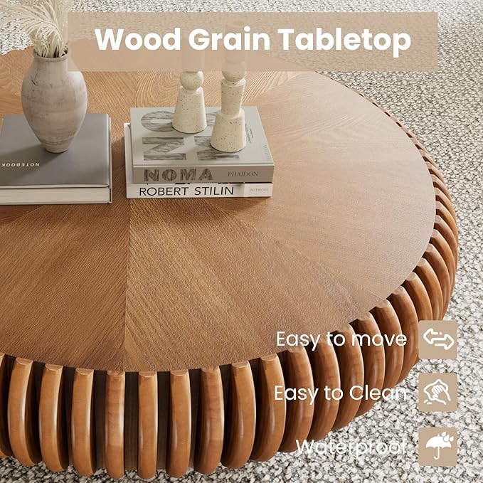 Fluted Drum Coffee Table Round Coffee Table for Living Room Mid Century Modern Coffee Tables with Sturdy Pedestal Circle Center Tea Table Accent Tea Table for Small Space Apartment (31.5" Brown)