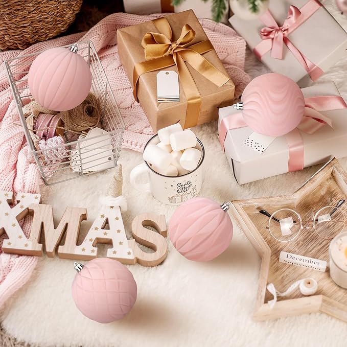 4 Pcs 4 Inch Large Velvet Christmas Ball Ornaments Vintage Christmas Plastic Ball Ornaments Flocked Tree Hanging Decoration for Xmas Party Wedding Home Decor(Pink)