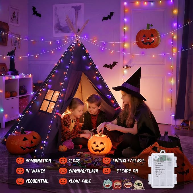 JMEXSUSS 2 Pack Orange Purple Battery Operated Halloween Lights, Each 33ft 100 LED Battery Powered String Lights with Remote Outdoor Indoor