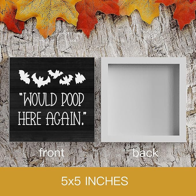 HTBIG Halloween Funny Bathroom Wooden Box Bat Decor Would Poop Here Again Humorous Restroom Decor Place it on a Bathroom Corner Shelf to Create a More Cheerful Ambiance 5 x 5 Inch
