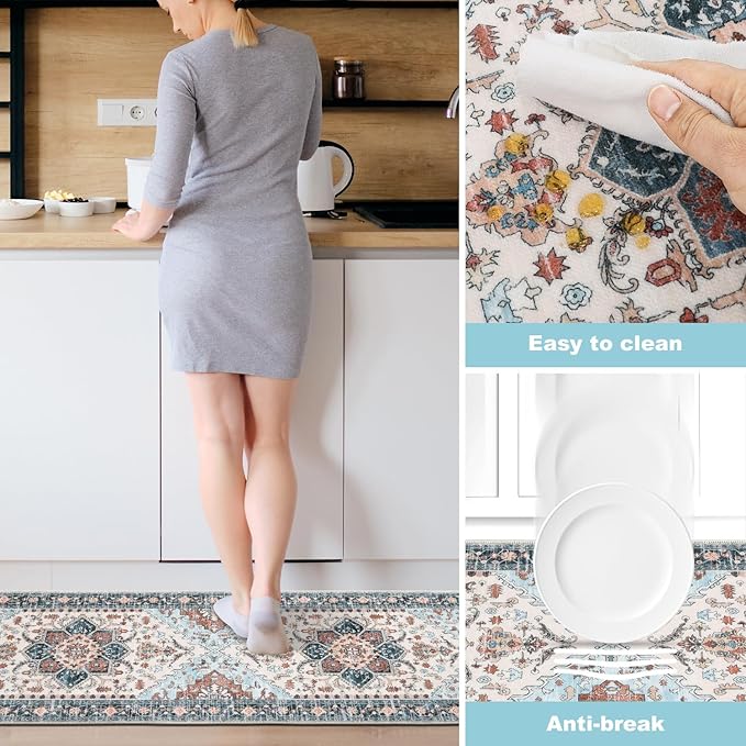 Yamaziot Boho Washable Kitchen Rugs Sets of 3, Non Slip Kitchen Mats for Floor with Rubber Backing, Waterproof & Stain Resistant Thick Carpet Runner Throw Rug for Kitchen, Laundry Room, Hallway