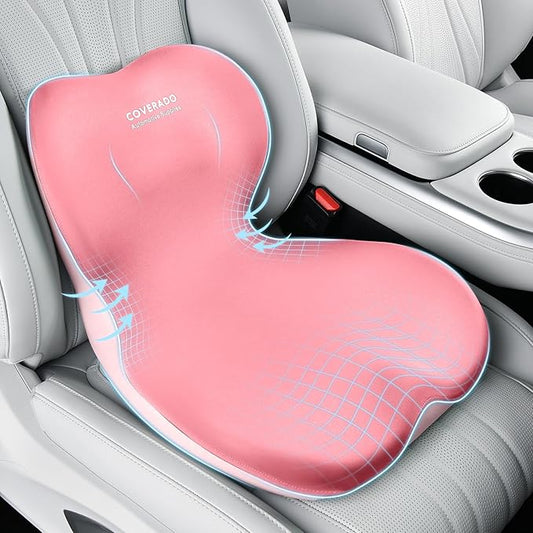 Coverado Car Seat Cushion and Lumbar Support Pillow One Piece, Memory Foam Ergonomic Back Support Driving Seat Cushion for Back Pain, Non-Slip Washable Cushion for Car, Driver, Office