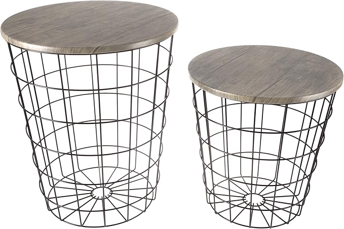 End Tables Set of 2 - Nesting Tables with Removable Wood Tops and Metal Basket Bases for Blanket Storage - Round Side Furniture for Living Room, Bedroom, or Home Office by Lavish Home (Gray/Black)