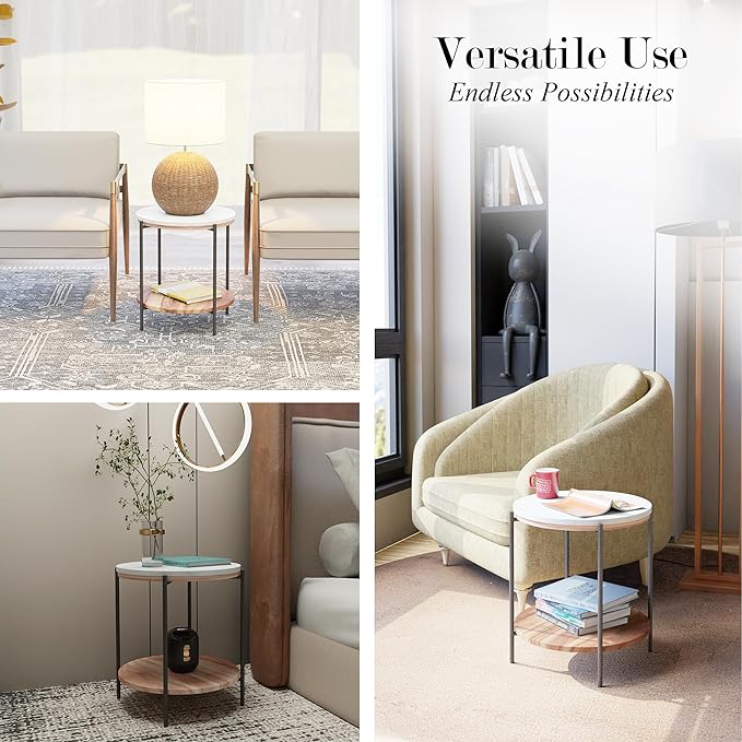 Lyra Round Marble End Table – Solid Acacia Wood Shelf, Open Storage Side Table for Living Room, Bedroom, Entryway, Small Spaces – Nightstand, Plant Stand, Modern Accent Table with Metal Frame