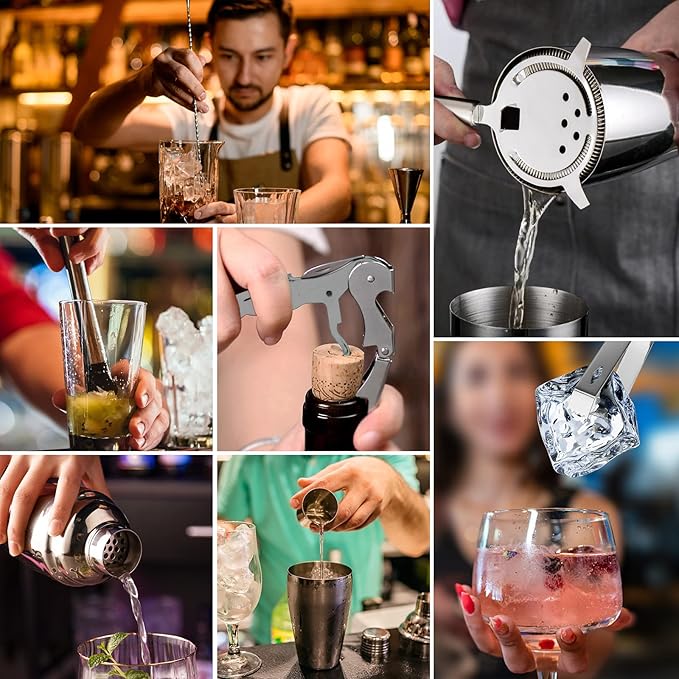 Bartender Kit with Stand, 11 Piece Set, Cocktail Shaker Set 24 oz Shaker Bar Tool Set for Beginner with Recipe