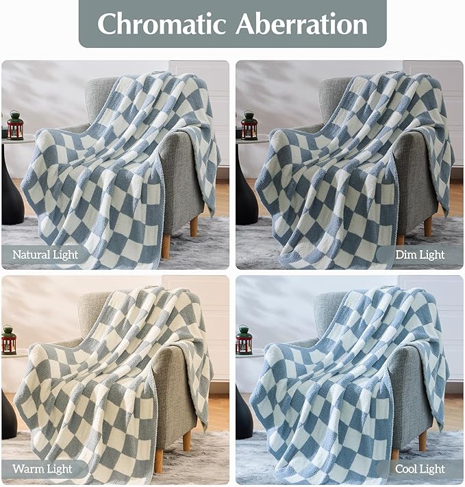 WRENSONGE Checkered Throw Blanket, Grey Blue Soft Cozy Fluffy Warm Hand Made Throw Blankets for Couch, Sofa, Chair, Bed, Camping, Picnic, Travel Lightweight Bed Blanket - 60"*80"