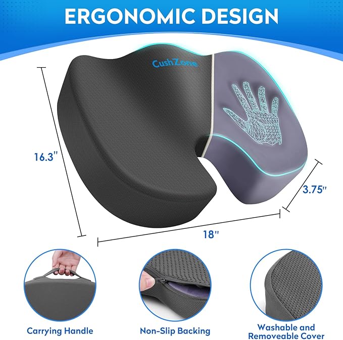 Seat Cushion, Office Chair Cushions, Car Seat Cushion, Non-Slip Sciatica & Back Coccyx Tailbone Pain Relief Chair Pad, Memory Foam Pillow for Computer Desk, Wheelchair, Driving(Grey)