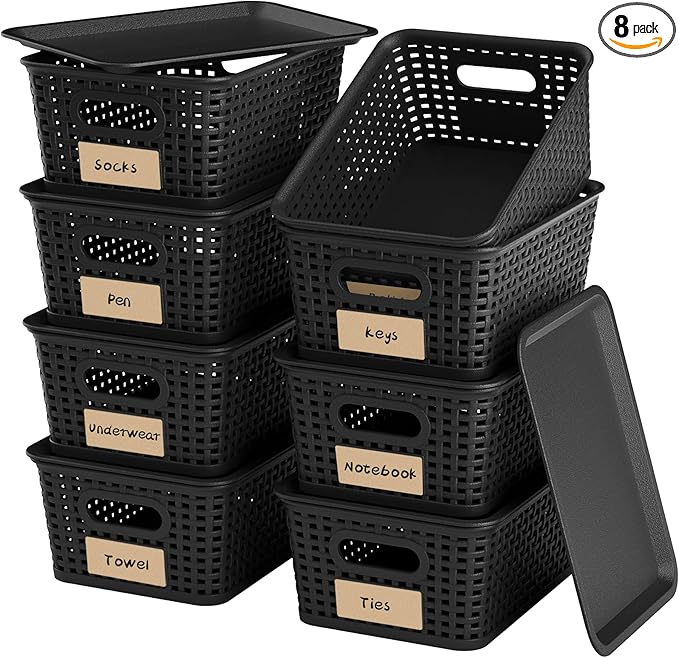 8-Pack Black Plastic Storage Baskets with Lids, Label Organizers, Stackable Organizer Containers: For Organizing Shelves, Drawers, Desk Closets, Playrooms, Classrooms, Offices