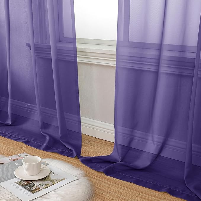 Aiyufeng Purple Sheer Curtains 96 Inches Long 2 Panels Set, Light Filtering Soft Airy Voile Rod Pocket Purple Sheer Window Drapes for Bedroom Living Room, Each 42Wx96L Inches