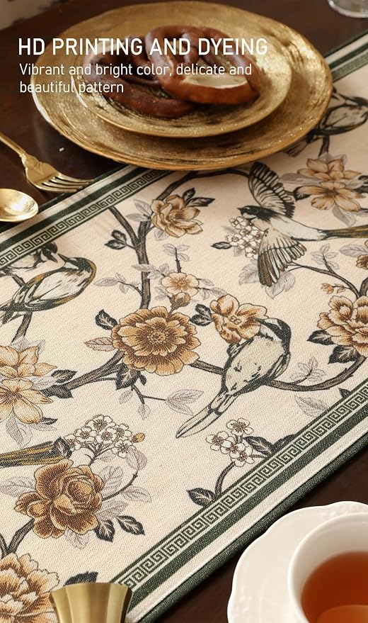 ISAENNE Designer Vintage Beige Linen Table Runner 71 Inches Long,Elegant Floral and Bird Pattern Decor Table Runners for Dining Tables,Thanksgiving,Christmas,Banquet,Party,12"*71"-Murad A