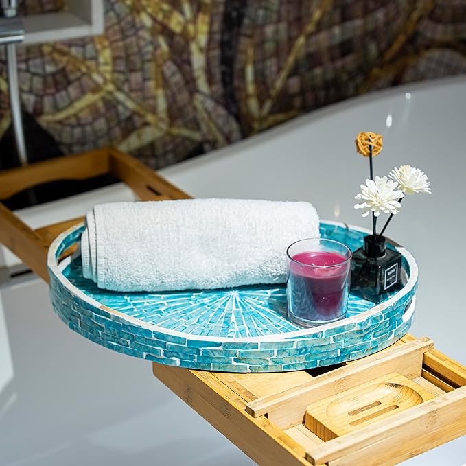 PEMAR 15.7" x 11.8" Oval Capiz Shell Serving Tray, Decorative Ottoman Tray for Living Room, Coffee Table, Breakfast in Bed, Candle Display (Teal Sunlight)