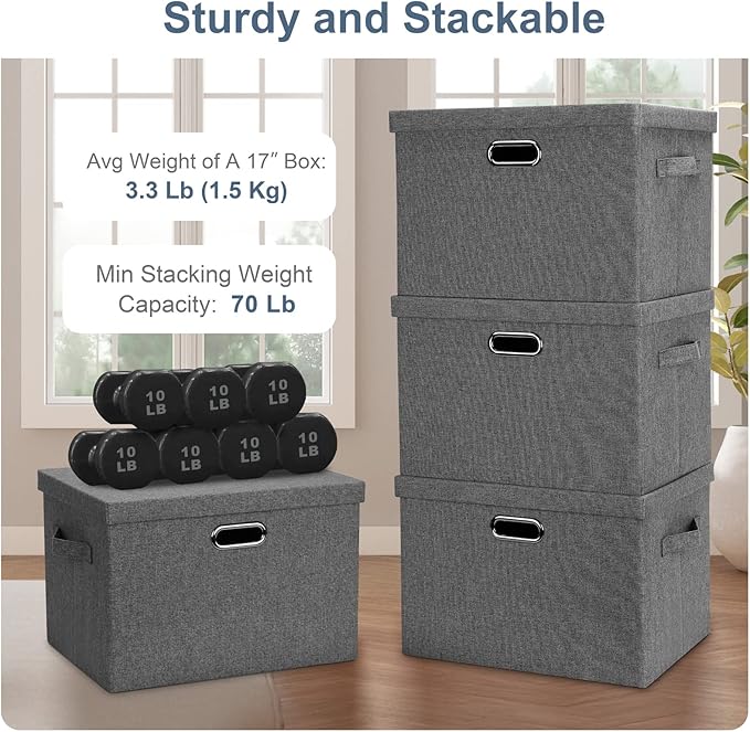 Large 17" 36 Quart Collapsible Stackable Storage Bins with Lids, 1 Pack Grey Foldable Fabric Closet Storage Boxes with Lids, 4 Handles Heavy-duty Linen Cube Baskets for Bedroom