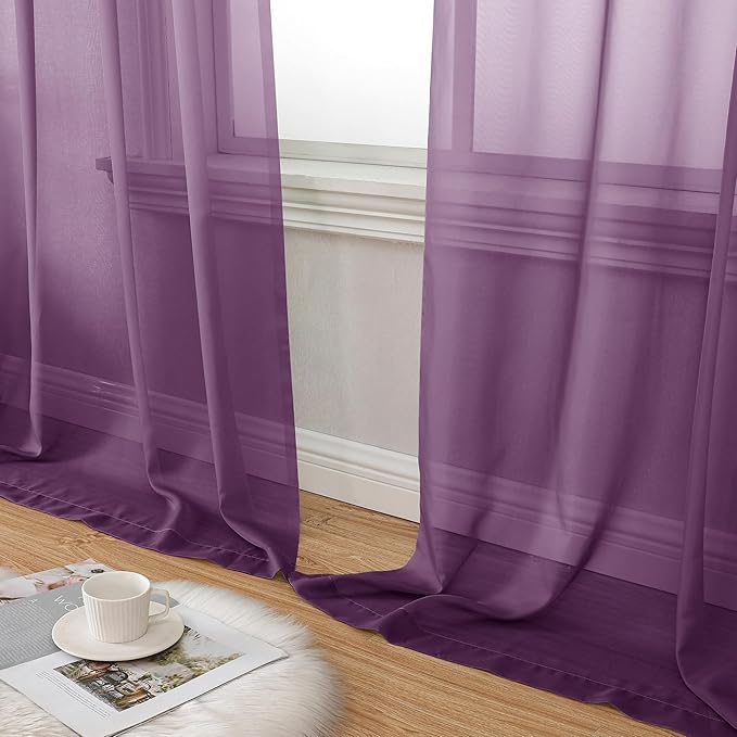 Aiyufeng Plum Purple Sheer Curtains 72 Inches Long 2 Panels Set, Solid Voile Top Dual Rod Pockets Stylish Breathable Drapes Window Treatment for Kid's Room/Bedroom/Living Room, 42W x 72L inches