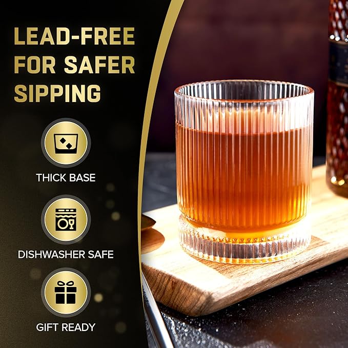 Crystal Old Fashioned Whiskey Glasses Set of 12, 12 Oz Ribbed Bourbon Glass, Ultra-Clarity Double Base Liquor Vodka rocks Cocktail Scotch Tumbler Bar Glasses Set