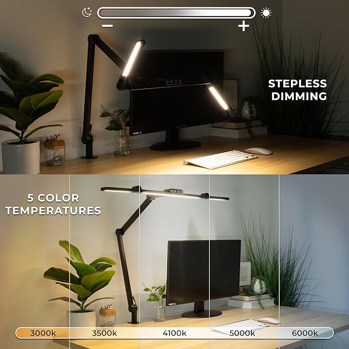 Mount-It! LED Desk Lamp with Adjustable Swing Arms and Clamp Base, Touch Control, Stepless Dimming, and 5 Color Temperatures, Eye-Caring Lighting for Work, Study, and Crafting