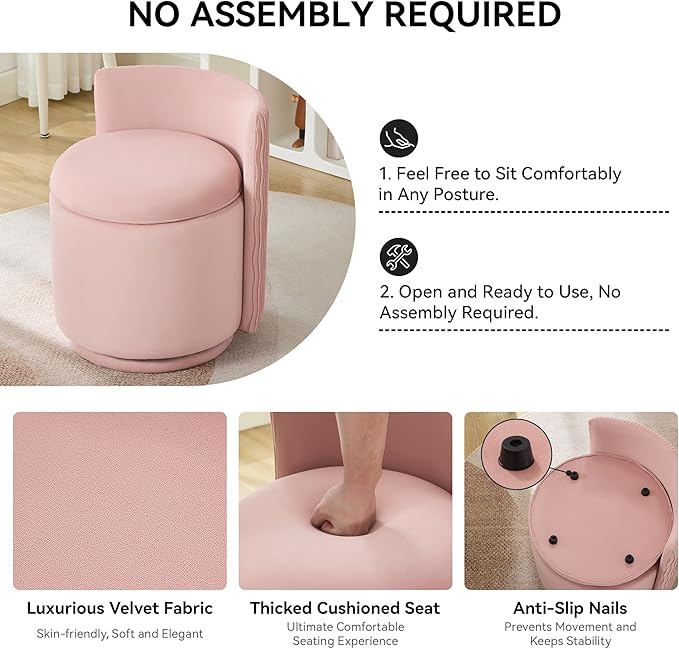 Velvet Vanity Chair with Storage, 360° Swivel Makeup Chair with Wave Back, No Assembly Small Accent Stool for Bedroom, Dressing, Living Room, Pink
