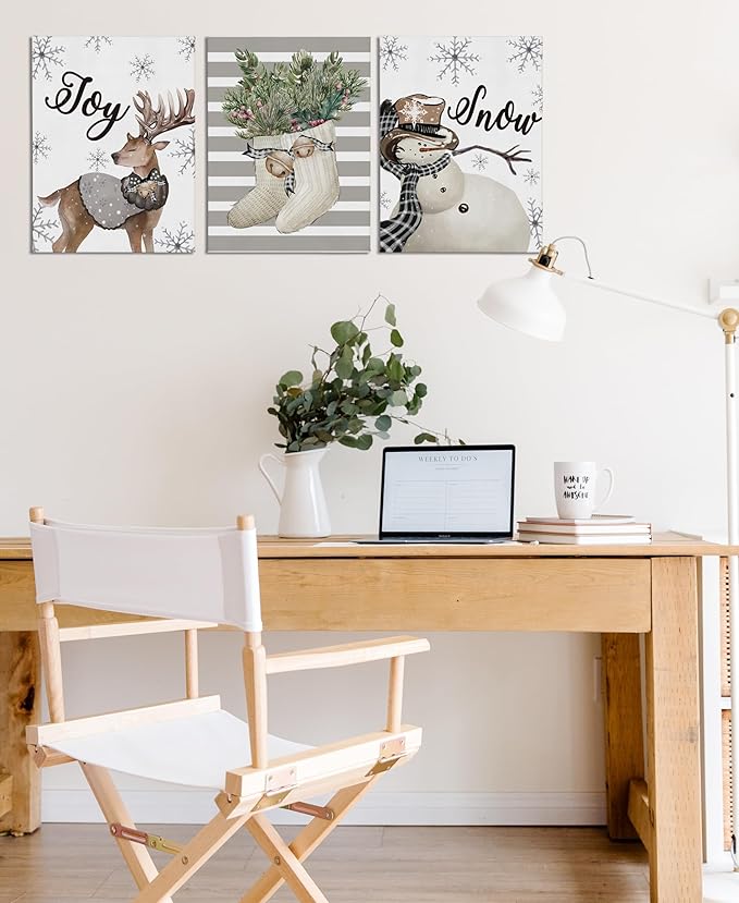 BIWSHA Christmas Wall Art Prints,Winter Wall Posters Aesthetic Wall Art Set of 3,Reindeer Snowman Christmas Decor,Wall Prints Decor for Living Room Bedroom Porch,11×14 Inch