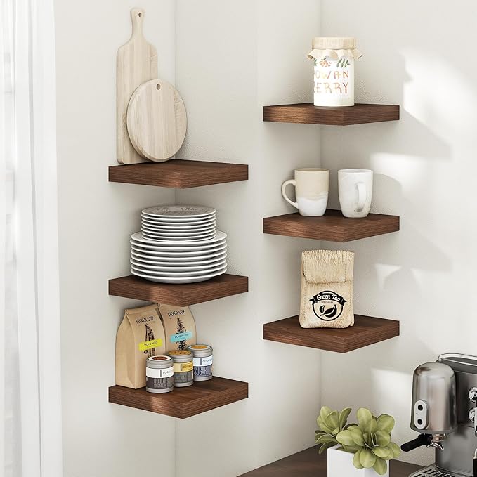 Floating Shelves for Wall with Invisible Brackets, Wall Mounted Engineered Wood Shelves with Wood Grain for Living Room, Bedroom, Bathroom, Kitchen Decor and Storage, Oak, 8"L Set of 3, Walnut