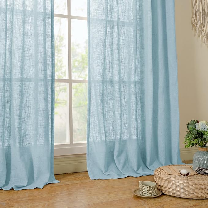 LAMIT Linen Curtains for Living Room 84 inch Length 2 Panels, Light Filtering Semi Sheer Panels Back Tab and Rod Pocket Farmhouse Drapes for Bedroom/Sliding Glass Door, Stone Blue, 52 x 84 Inch