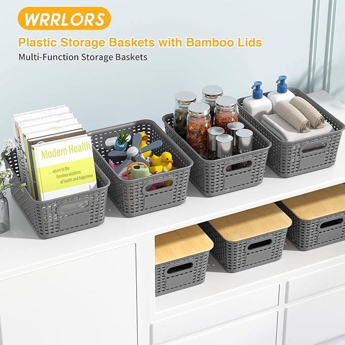 6 Pieces Gray Plastic Storage Baskets with Bamboo Lids with Labels Stackable Storage Containers for Organizing Shelves Drawers Desktop Closets Playroom Classroom Office