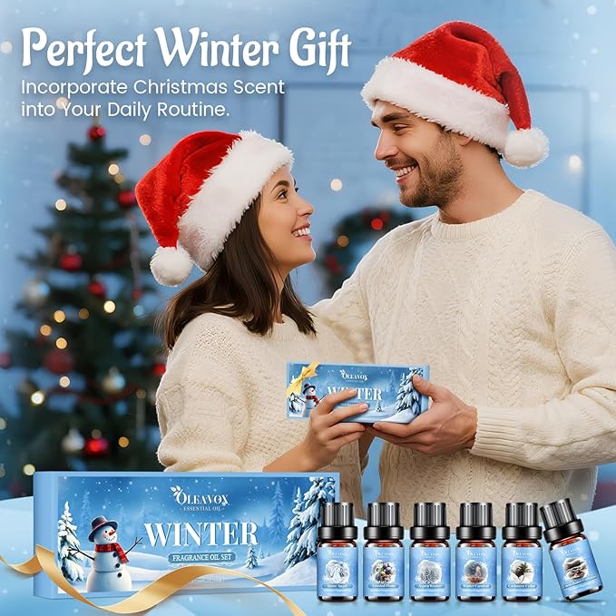 Winter Essential Oils Set, 6 Premium Holiday Fragrance Oil for Diffuser, Candle & Soap Making, Frozen Magic, Winter Wonderland, Hot Cocoa, Frosted Fir, Warm Sweater, Log Fire, Scented Oils for Home
