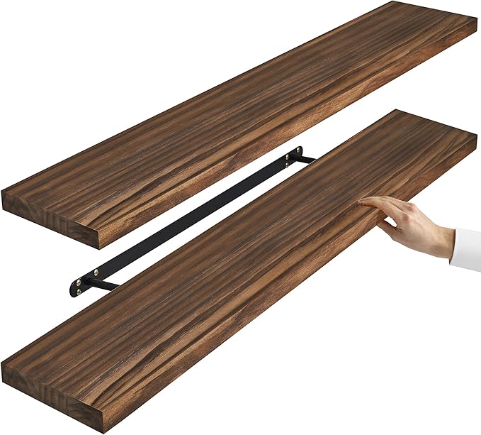 Sorbus Wood Floating Shelves for Wall - 35” Solid Wood Wall Shelves for Bathroom Decor, Books, Bedroom & Living Room - Set of 2 Walnut Wall Mounted Kitchen Shelves - Durable Solid Pine