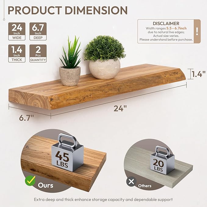 Marsmiles 24 inch Floating Shelves for Wall Elm Wood Live Edge Shelves|Rustic Wall Shelves with Invisible Heavy-Duty Bracket for Bathroom Living Room Kitchen|Natural, 2 Pack