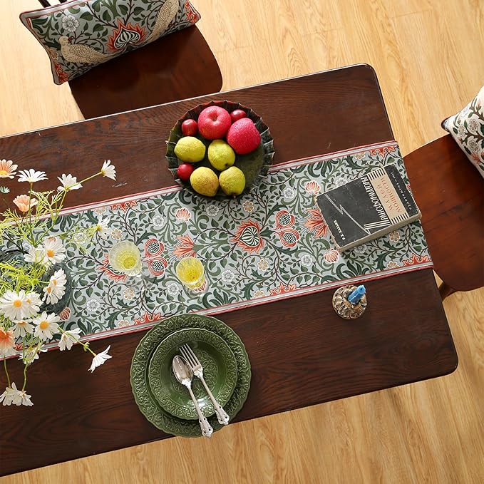 ISAENNE Designer French Green Elegant Linen Table Runner 71 Inches Long,Colorful Flower Pattern Soft Table Runners for Dining Tables,Thanksgiving,Kitchen Tables,Christmas,12"*71"-Naples B
