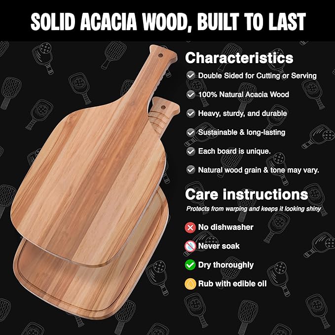 New – Set of 2 Pickleball Paddle Charcuterie & Cheese Boards – Acacia Wood Cutting Boards (16.9” x 8.1”) Serving Tray. Pickleball Gifts for Men or Women, Pickle Ball Plates, Pickle Ball Accessories