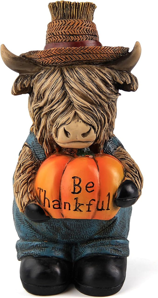 Highland Cow Statue Thanksgiving Harvest Autumn Decor Holding Pumpkin, Fall Autumn Figurine for Indoor Shelf Bookshelf Table Desk windowsill and Home Decor, Be Thankful