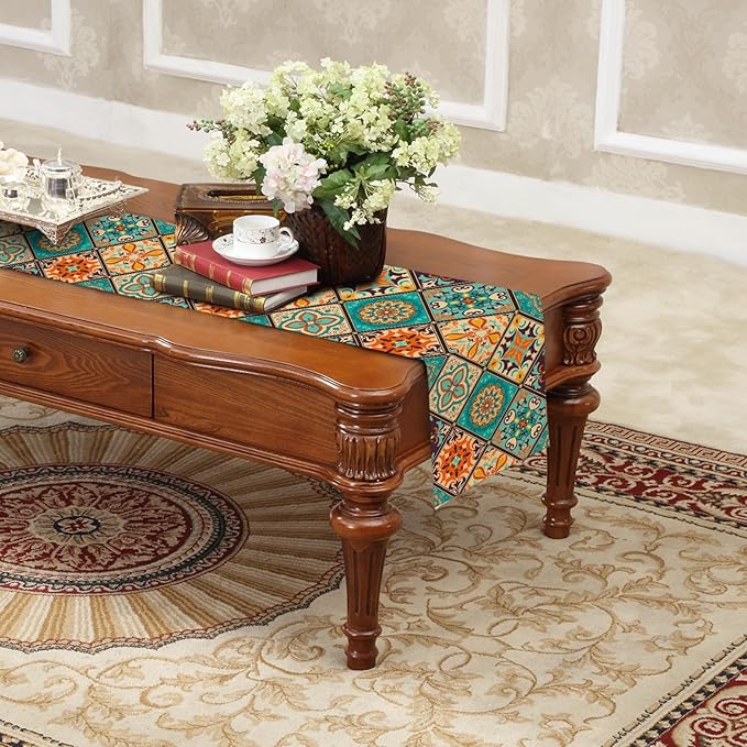 Boho Bohemian Table Runner 90 Inches Long, Vintage Seasonal Table Runners for Party Kitchen Dining Coffee Table Bedroom Dressers Indoor Outdoor, Machine Washable (Bohemian B, 13” x 90”)