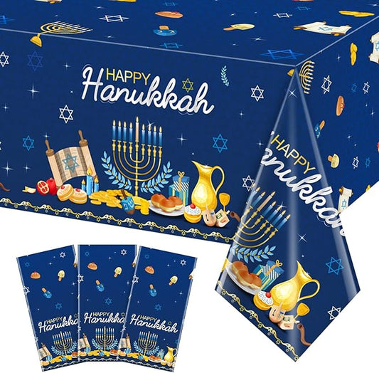 3Pcs Happy Hanukkah Tablecloth Decorations, Rectangle Plastic Jewish Chanukah Party Table Cover Backdrop Banner for Festival Holiday Supplies, 58x104inch