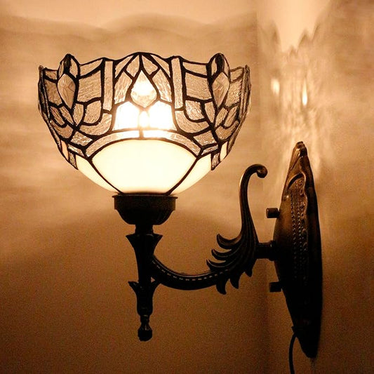 Tiffany Wall Sconce Lamp Blue Stained Glass Flower Style 8X10.5X11 Inch Plug in Wall Bedside Light for Hallway Bedroom (White Crystal Style)