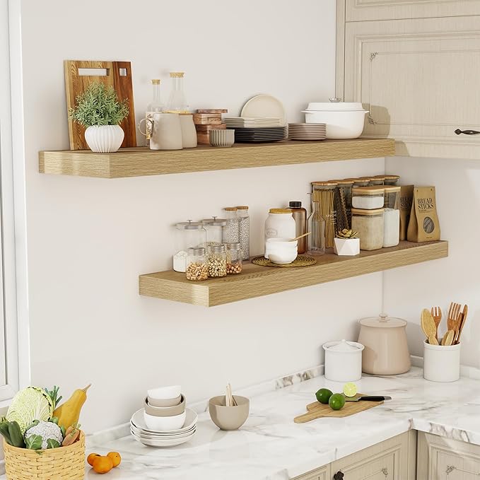 55 Inch Floating Shelves, 12" Deep Floating Shelf Wall Mounted, 55" Wall Shelves, Rustic Deep Bookshelf, Extra Deeper & Thicker Display Shelves for Bedroom, Living Room, Oak, Set of 2