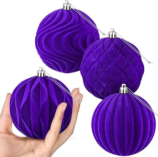 4 Pcs 4 Inch Large Velvet Christmas Ball Ornaments Vintage Christmas Plastic Ball Ornaments Flocked Tree Hanging Decoration for Xmas Party Wedding Home Decor (Purple)