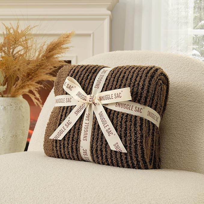 Snuggle Sac Ultra Soft Throw Blanket for Couch, Fuzzy Microfiber Knit Stripe Blankets for Couch, Sofa, Travel, Black Brown, 50x60 inches
