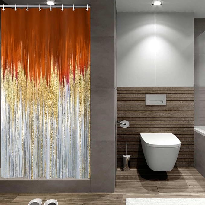 JAWO Abstract Orange Shower Curtain, Gold Blue Boho Ombre Minimalist Chic Art Shower Curtains, Modern Neutral Contemporary Striped Brush Strokes Tan Art Waterproof Bathroom Curtain with 12 Hooks