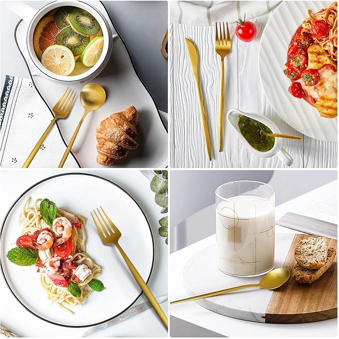 Gold Silverware Set for 8, MIKIWAY 40 Pieces Stainless Steel Flatware Set, Matte Golden Cutlery Tableware Set, Kitchen Utensils Set Include Spoons And Forks Set, Satin Polished, Dishwasher Safe