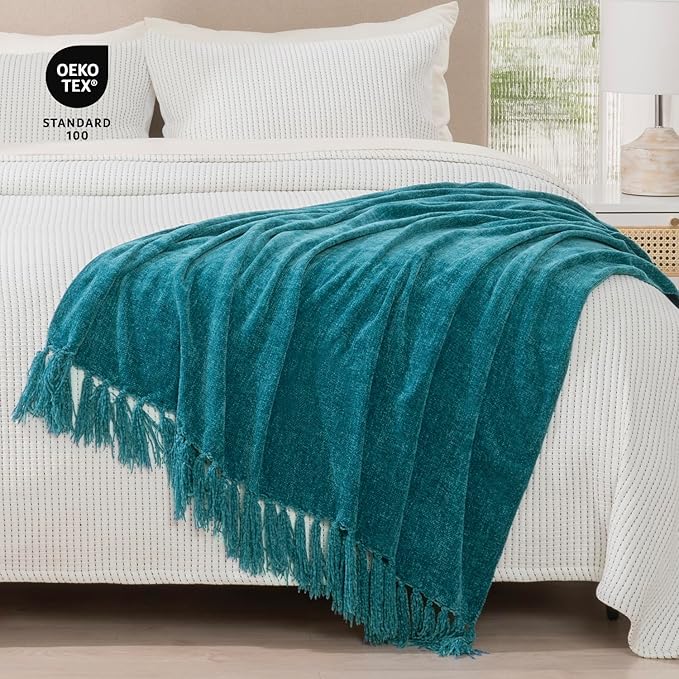 RECYCO Throw Blanket Soft Cozy Chenille Throw Blanket with Fringe Tassel for Couch Sofa Chair Bed Living Room (Teal, 60'' x 80'')