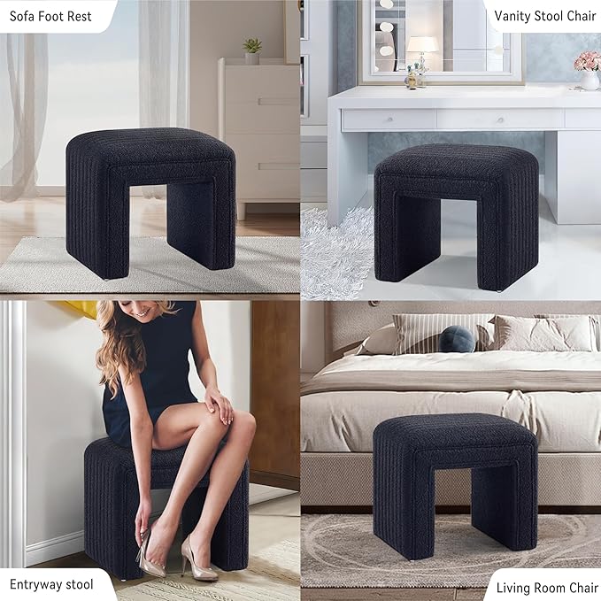 Get Set Style Vanity Stool Chair,Modern Boucle Ottoman Foot Stool with Wooden Legs Sofa Bench Footstool Extra Seat for Vanity,Makeup Room,Living Room,Entryway,Office (Fully Assembled)