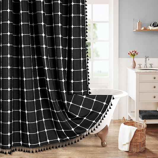 MitoVilla Boho Farmhouse Shower Curtain Set 72 x 78, Black 78 inch Long Polyester Linen Tassel Fabric Shower Curtain Set for Chic Cottagecore French Rustic Bathroom Decor