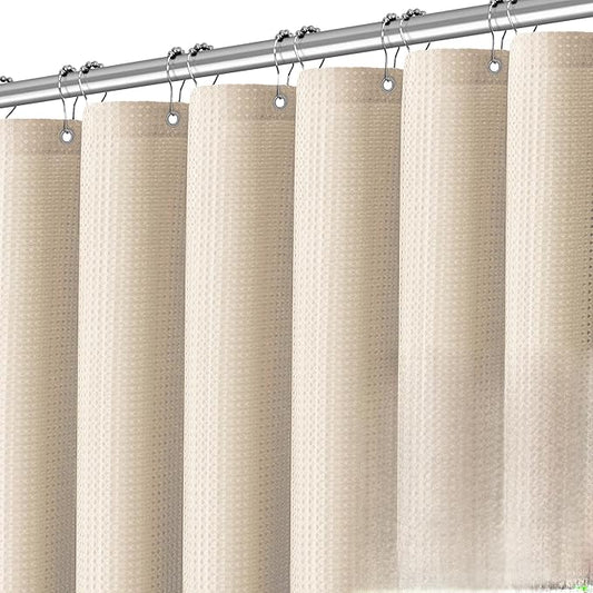 Beige Fabric Shower Curtain - Waffle Textured Heavy Duty Shower Curtains for Bathroom, 256GSM Hotel Spa Luxury Weighted Bath Curtain with 12 Hooks, 72x80, Beige