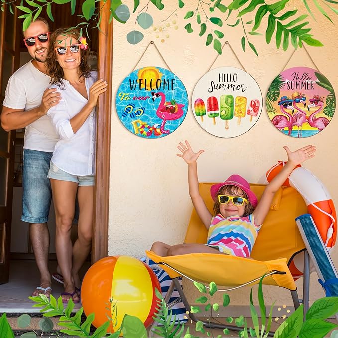 Blosssound 3 Pcs Door Decorations Front Hanging Door Sign Hanging Ornament Wooden Wall Sign Hanger for Celebrations Farmhouse Home Living Room Party Supplies(Summer)