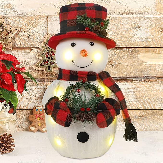 Christmas Lighted Snowman, 12" Snowman with Wreath Christmas Table Decorations, Red Black Plaid Snowman Xmas Decor for Home Kitchen Holiday Party