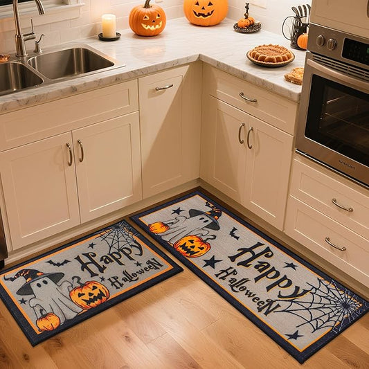 JSEI Halloween Holiday Kitchen Mats for Floor, Non-Slip Ghost and Pumpkins Decorative Kitchen Rugs Set of 2, Home Decor Low-Profile Kitchen Runner Rug Washable, 17"x30"+17"x48", Cute Ghost Pattern