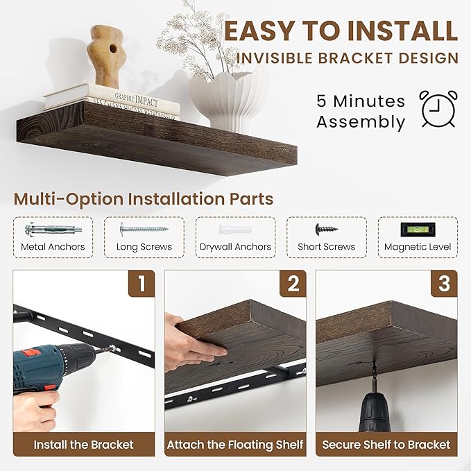 Floating Shelves, 8" Deep Rustic Solid Elm Wood Wall Mounted Floating Shelves, Wall Shelves with Invisible Bracket for Living Room Bathroom Bedroom Kitchen, 32 Inch Set of 2, Walnut