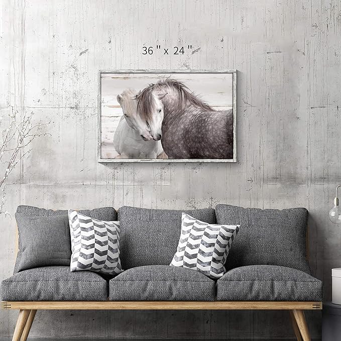 Horses Wall Art Framed Painting Rustic Horse Nuzzling Picture Wildlife Animals Portrait Wooden Print Artwork for Living Room Farmhouse Decor 36 x 24 Inches