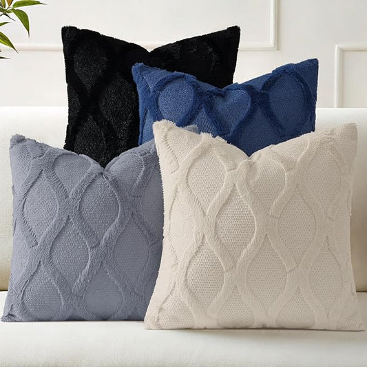decorUhome Set of 4 Throw Pillow Covers 16x16 Inch, Neutral Decorative Soft Plush Faux Wool Couch Pillow Covers, Farmhouse Pillow Cases for Living Room Bed Sofa (Blue/Grey)